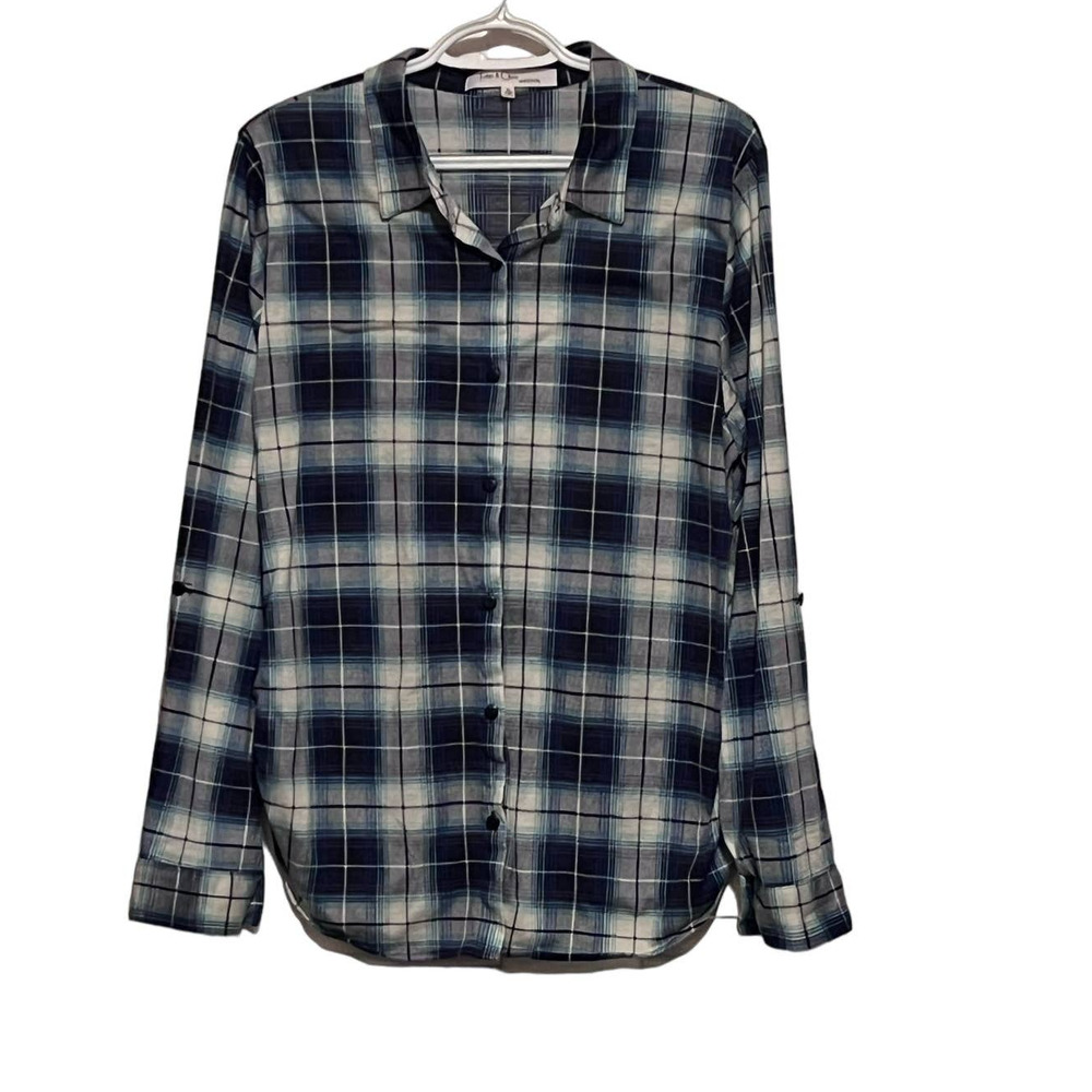 Eden & Olivia Maturity Blue White Plaid Flannel Shirt Elastic Sides Size‎ XL